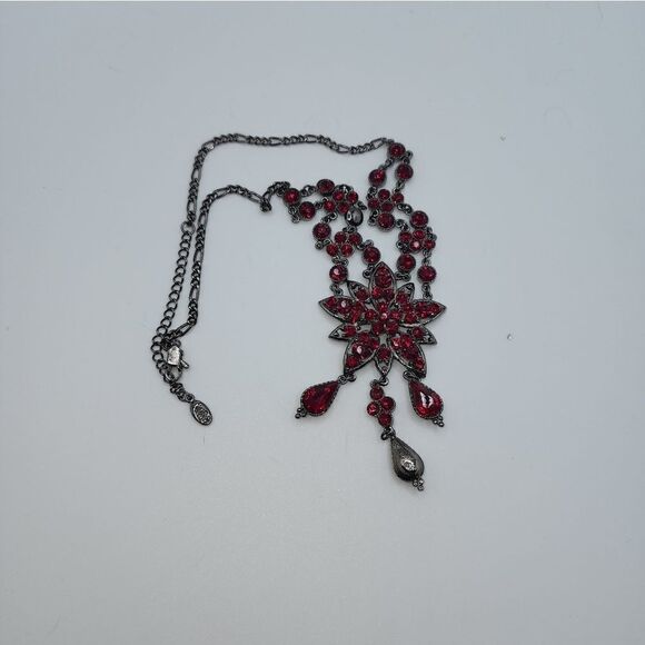 Modern P.O.F.J. Silver Tone Red Rhinestone Flower Dangle Necklace - Picture 5 of 12